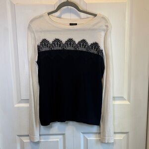 Talbots Cream and Black Lace-Trim Long Sleeve Crewneck